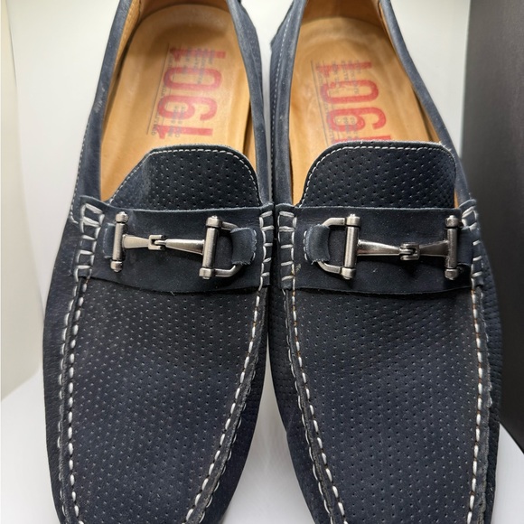 1901 Navy Blue Suede Leather Driving Loafers with Buckle Detail - Picture 1 of 11
